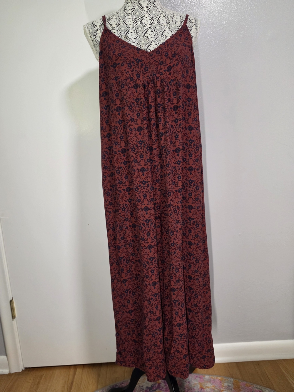 Natural Life Rust Navy Floral Wide Leg Jumpsuit Romper L Rayon Boho